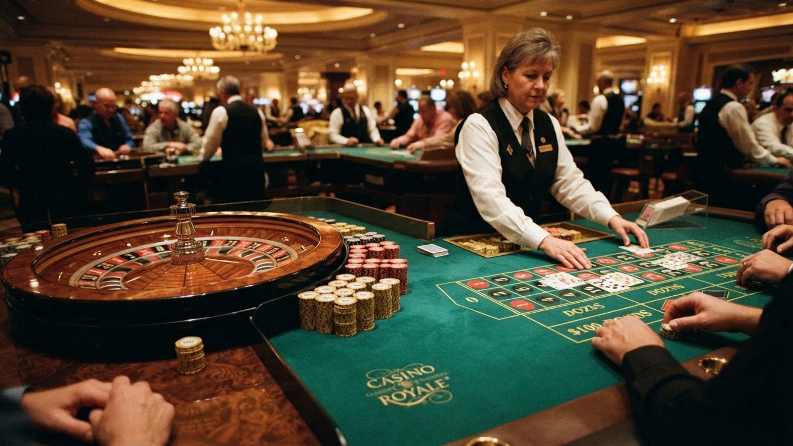 Casino table with cards and gold chips