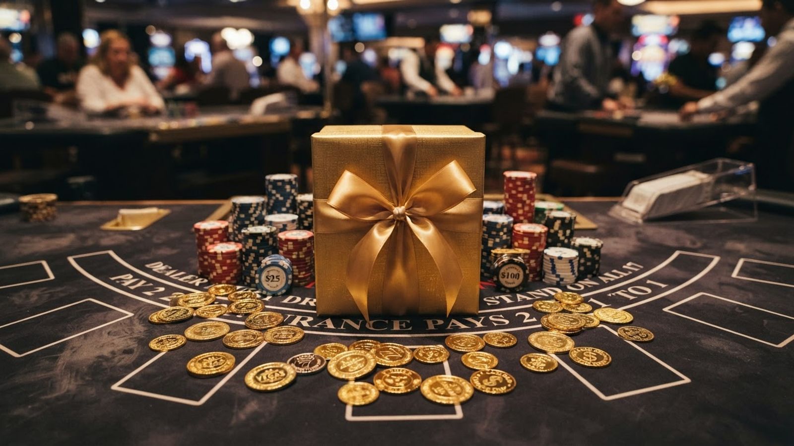 Gold gift box with casino coins on table