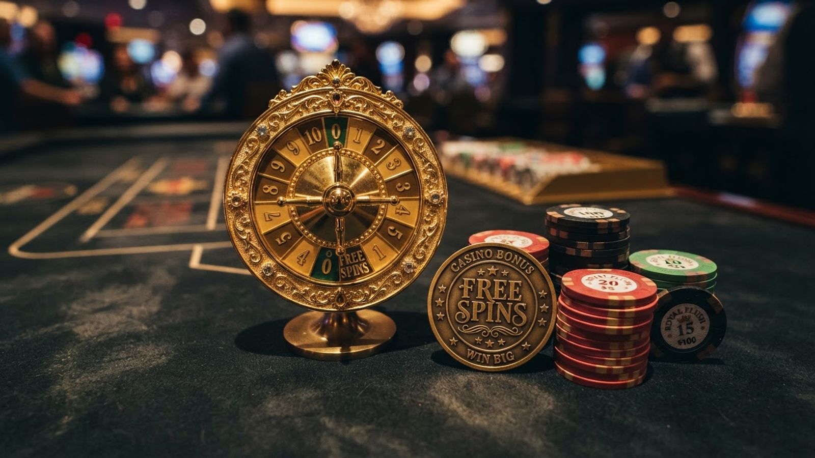 Golden spin wheel and chips on casino surface