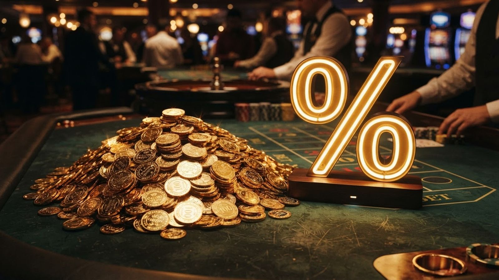 Golden coins and percent symbol on casino table