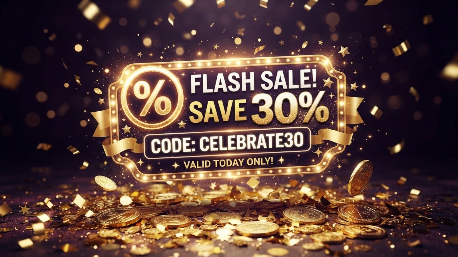 Promo code banner with gold coins and confetti