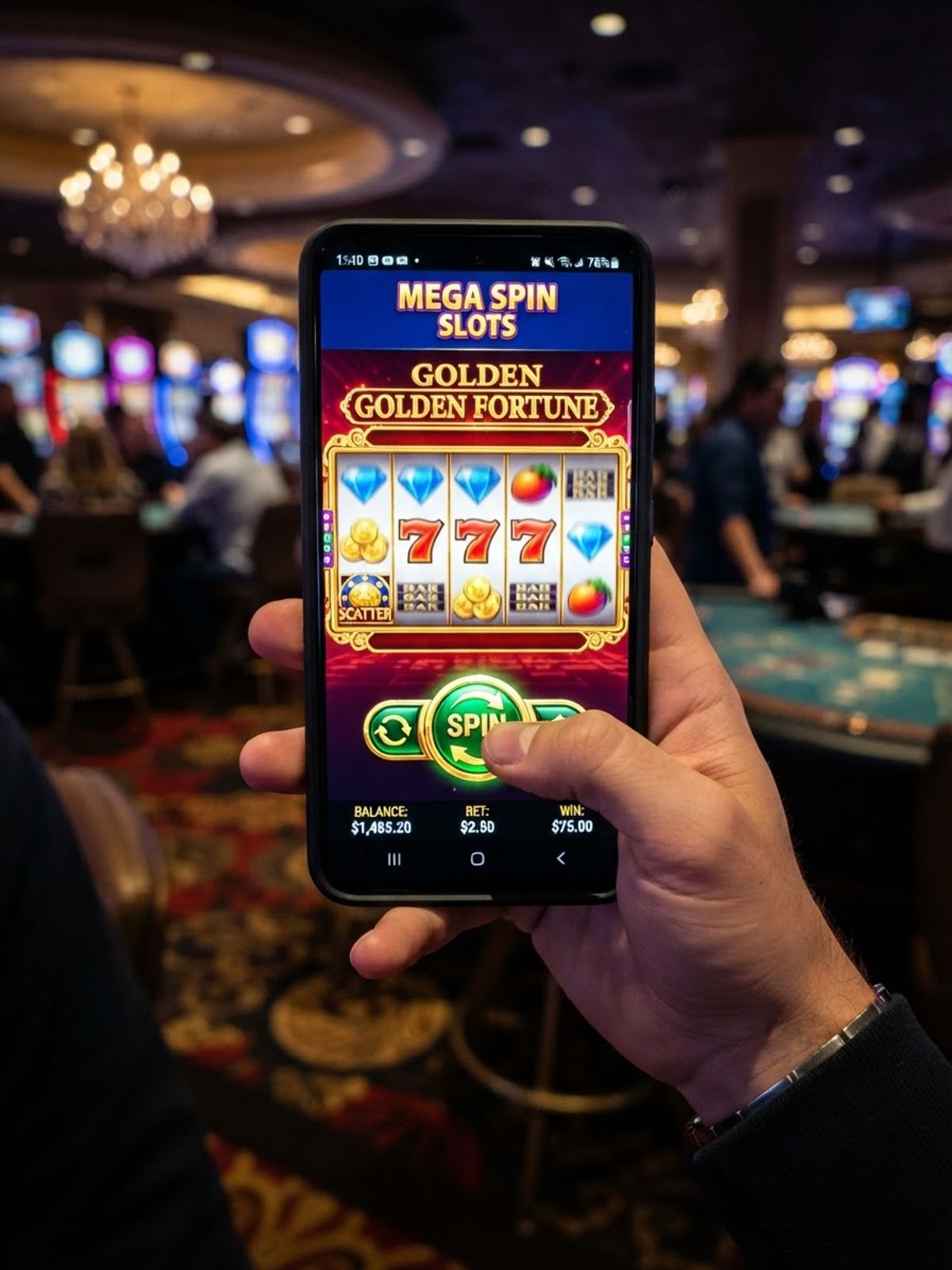 Hand holding smartphone showing casino slot game